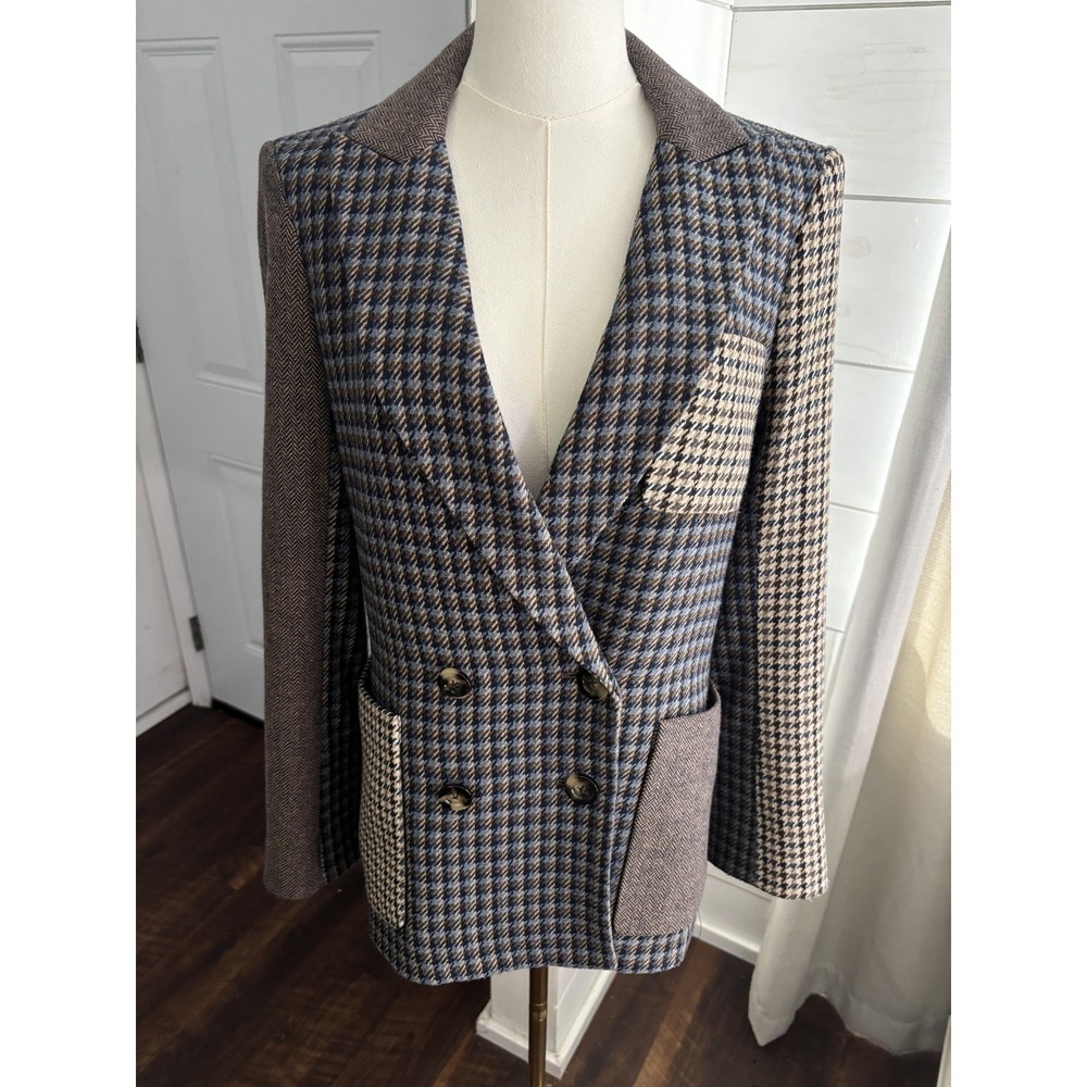 Veronica Beard Blazer Womens 6 Blue Patchwork Houndstooth Faustine Dickey Jacket - Picture 5 of 10